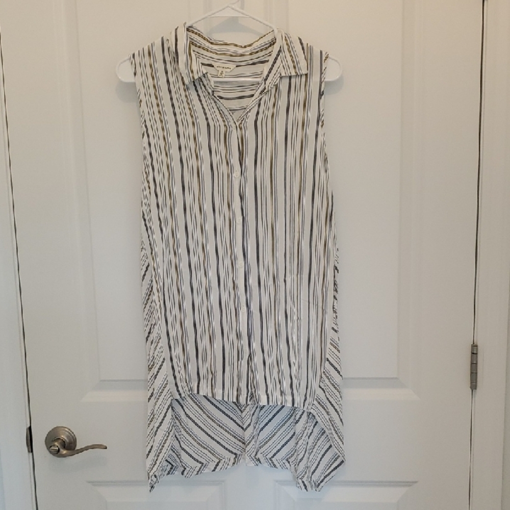 "Max Studio" Button Down Tunic Size M White Blue Yellow Pinstripe
